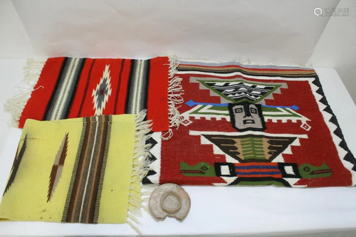 3 Navajo style rugs, and a pottery piece