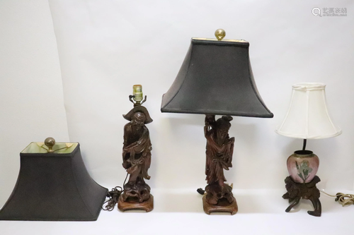 2 Chinese Antique wood figure & an enamel jar lamps