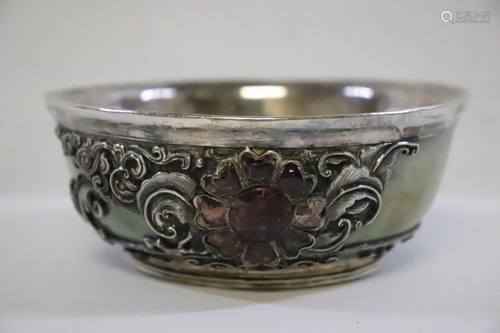 Chinese 19th century silver mount jadeite bowl