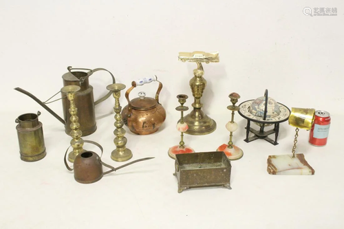 Lot of brass/ copper items, & a painted metal globe