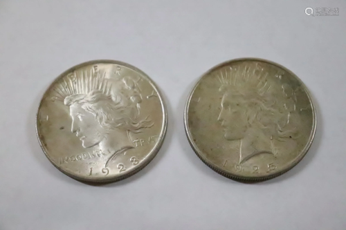 2 silver peace dollars; 1923, 1925