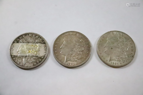 Three 1921 Morgan silver dollars