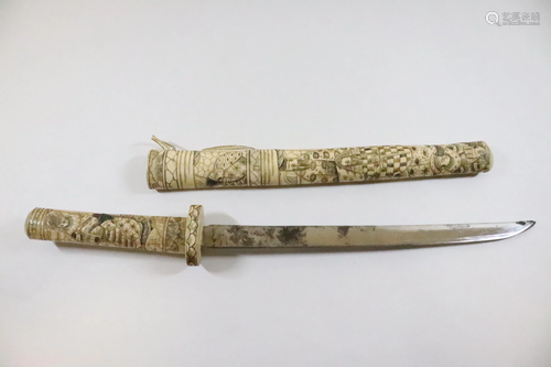 Japanese vintage sword with carved bone scabbard