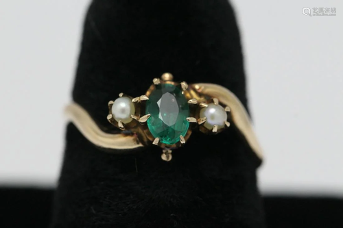 Victorian 9K emerald ring accented by seed pearls