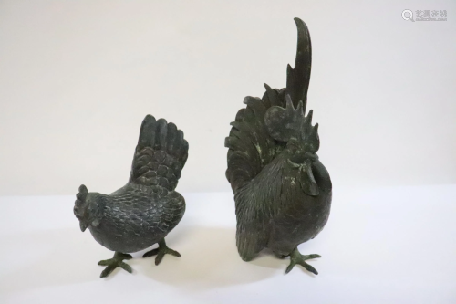 Pair antique metal sculpture of rooster and hen