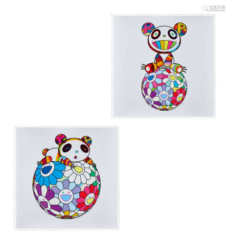 村上隆  2020年作 A panda kid sits on a flower ball；A panda kid makes it easy on a flower ball 丝网版画