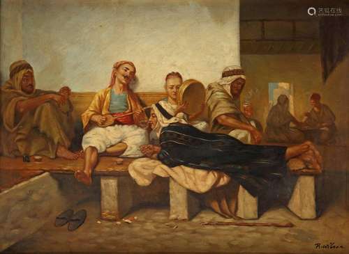 A PAINTING DEPICTING A GROUP MAKING MUSIC AND SMOK…