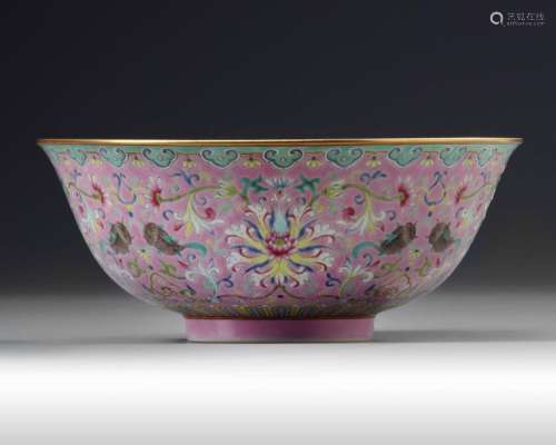A CHINESE PINK GROUND FAMILLE ROSE 'BOWL, QING DYN…
