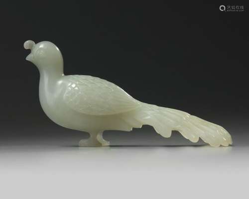 A CHINESE PALE CELADON AND GREY JADE PEACOCK