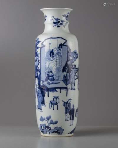 A CHINESE BLUE AND WHITE ROULEAU VASE