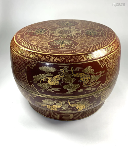 A Large Chinese Red Laquer Wood Gilt Bat Shou Box