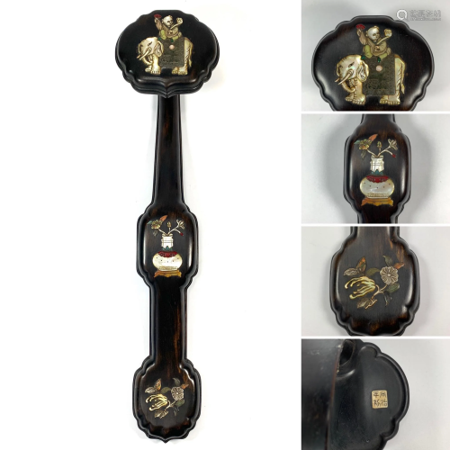 A Chinese Mother of Pearl Relief Wood Ruyi Sceptre