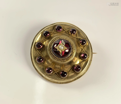 A Victorian 18k Gold Garnet and Pearl Brooch Pin