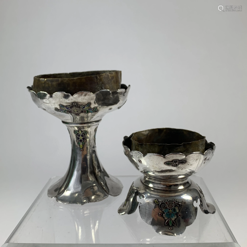 A Sterling Silver Enamel Candlestick Pair