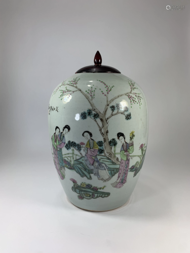 A Chinese Porcelain Ginger Jar With Wood Lid Poem