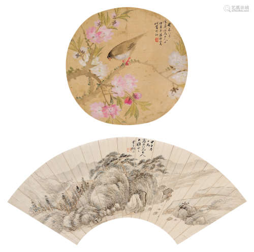 顾沄（1835～1896）汤祖宪（1845～1906） 桃花幽禽图、松溪幽居 立轴 设色绢本