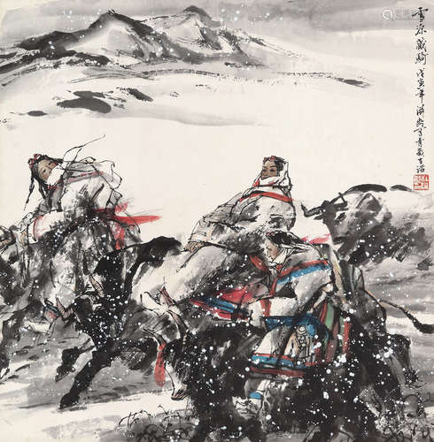 杜滋龄（b.1941） 雪源藏骑 立轴 设色纸本