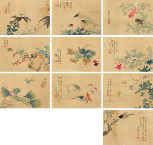 翁雒（1790～1849） 草虫 册页 （共十开） 设色绢本