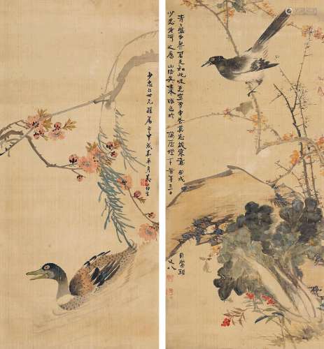 吴筠生（1897～1967） 春柳桃鸭图、白菜飞禽图 镜心 设色绢本