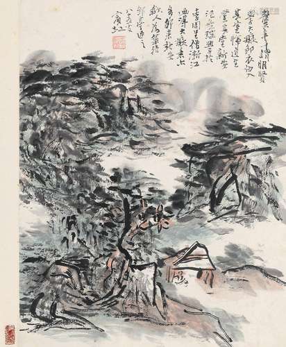 黄宾虹（1865～1955） 林亭独坐 册页 设色纸本