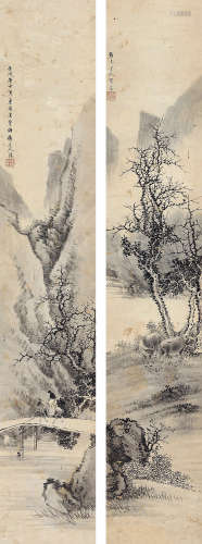 张鋆（1864～1928） 秋景双牛图、骑驴暮归图 立轴 设色纸本