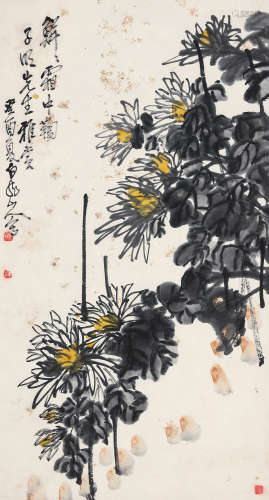 王震（1867～1938） 鲜鲜霜中菊 立轴 设色纸本