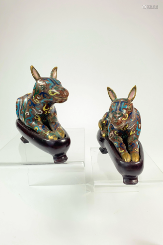 A Chinese Pair of Champleve Deers With Wood…