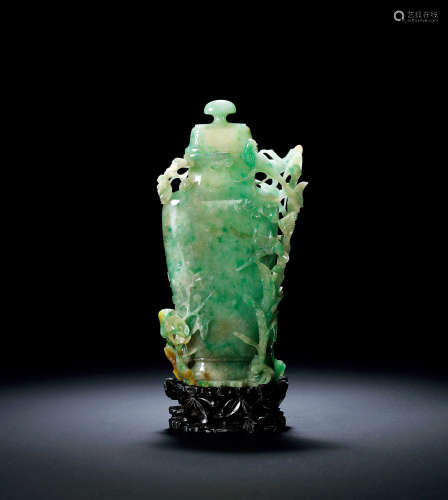 清中期 翡翠雕「安居乐业」图盖瓶