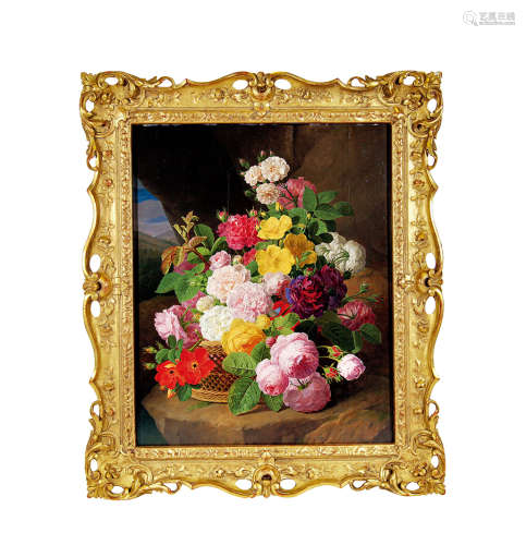 约1826年 比利时 扬·弗朗斯·范·戴尔《玫瑰牡丹和其它花朵》静物油画