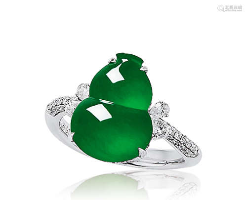 天然满绿翡翠葫芦配钻石戒指