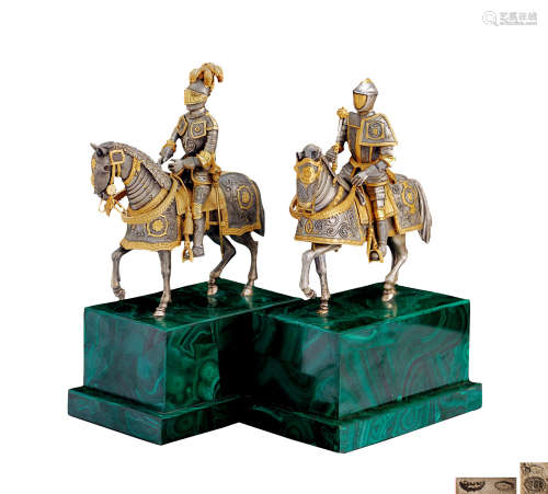 约1950年 意大利 银鎏金中世纪骑士配孔雀石底座 （一对）