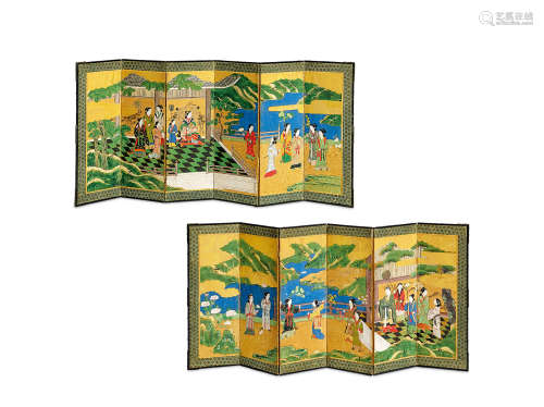 约1880年 日本 纸本金地着色丝箔切片装裱六扇屏 （一对）