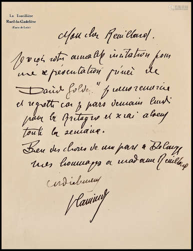 “法国著名野兽派画家”莫利斯·弗拉芒克（Maurice Vlaminck）亲笔信