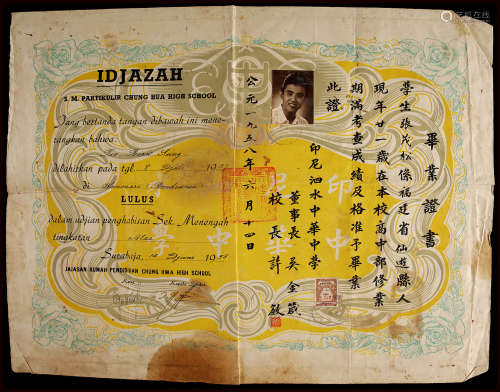 1958年中国福建仙游华侨张荗松毕业证一件