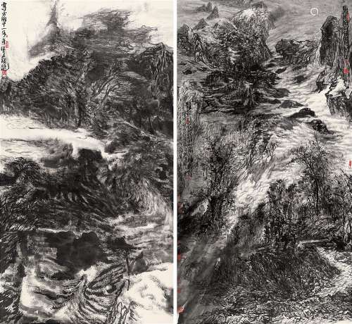 张志民(b.1956) 山水对屏