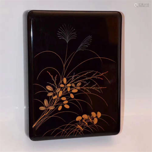 日本传统手工艺品•木胎大漆手绘花卉纹饰文房用书盒、砚盒