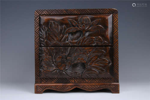 昭和早期 日本传统手工艺品：实木手工雕刻“富贵牡丹”纹饰文房用案头小柜子
