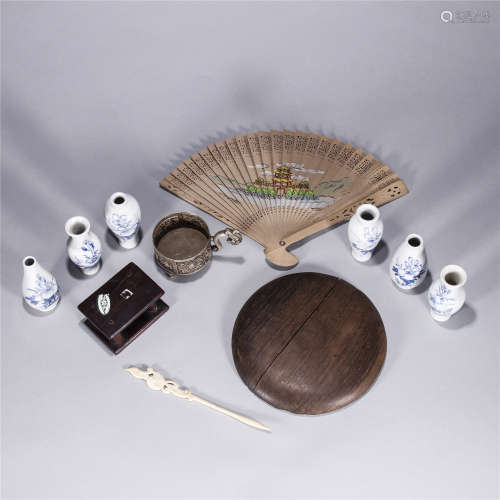 晚清民国 旧瓷器、扇子、发簪、旧木盖、木托一组6件