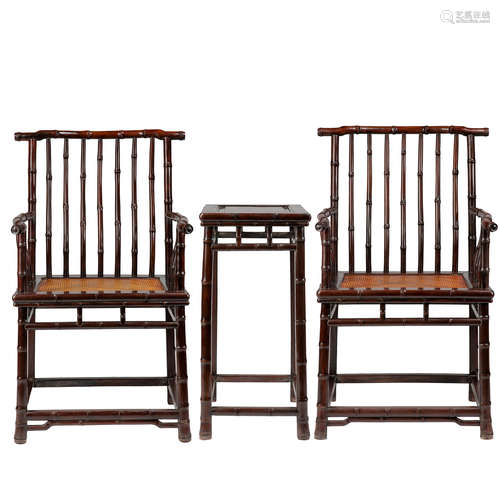 A PAIR OF ANCIENT CHINESE RED SANDALWOOD CHAIRS AND A DESK