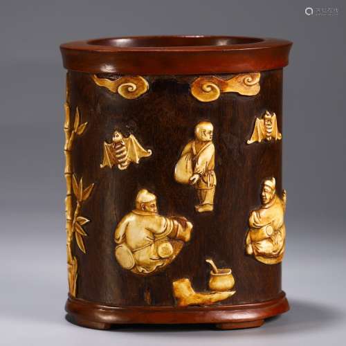 A Chinese Zitan Wood Brush Pot Of Poetry Carving