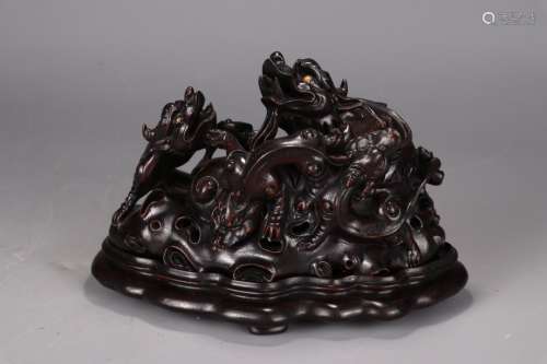 A Chinese Zitan Wood Ornament Of Mountain Shaping With Dargon Carved