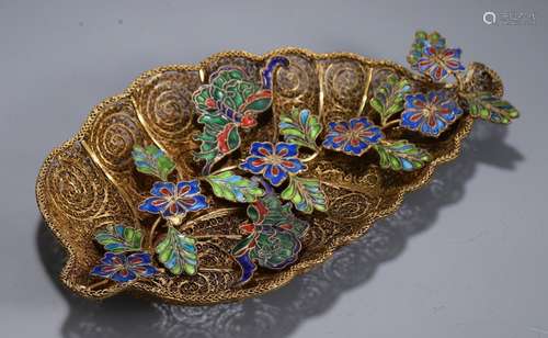 A Chinese Gilt Silver Enameling Blue Plate Of Leave Shaping