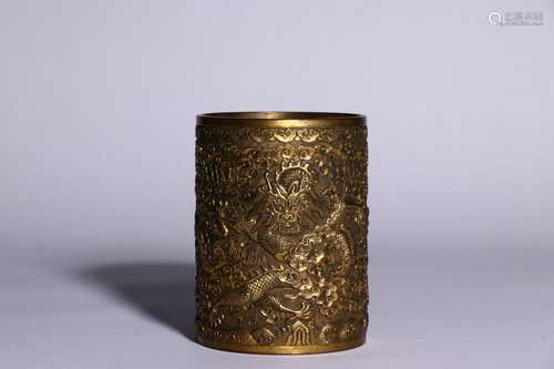 A Chinese Gilt Bronze Brush Pot With Dragon Carving