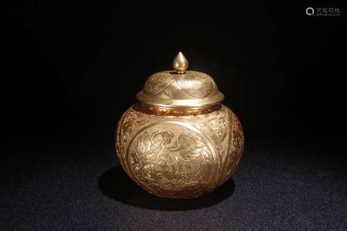 A Chinese Gilt Bronze Jar Of Bird&Floral Carving