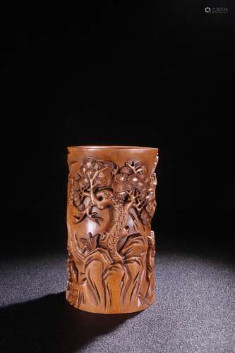 A Chinese Boxwood Brush Pot Of Story Carving