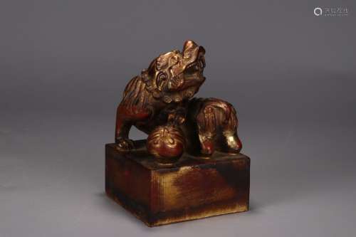 A Chinese Boxwood Seal Of Lion Shaping With Golden Painting