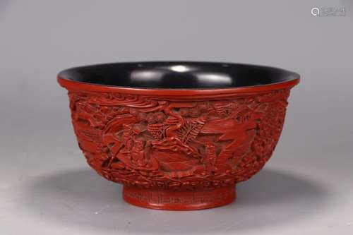 A Chinese Red Lacquerware Bowl Of Story Carving