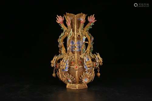 A Chinese Gilt Silver Enameling Blue Vase With Dragon Shaping Embeded Gems