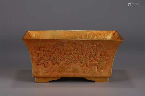 A Chinese Gilt Bronze Censer Of Story Carving