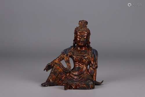 A Chinese Bronze Guanyin With Golden Painting